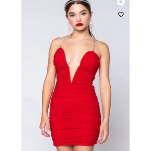 Akira plunge cleavage ruched red rhinestone strap sexy cocktail club mini dress